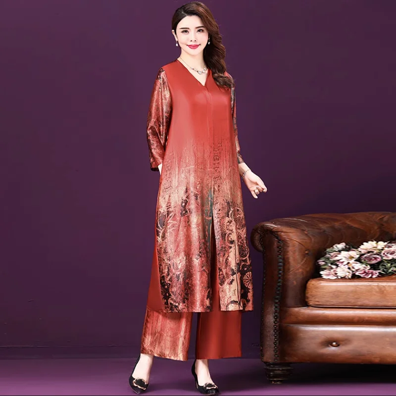 

Mulberry Silk Cheongsam Dress and Wide-Leg Pants Suit for Women, Mother Leisure, Loose Print, 2-Piece, Spring, Summer, New