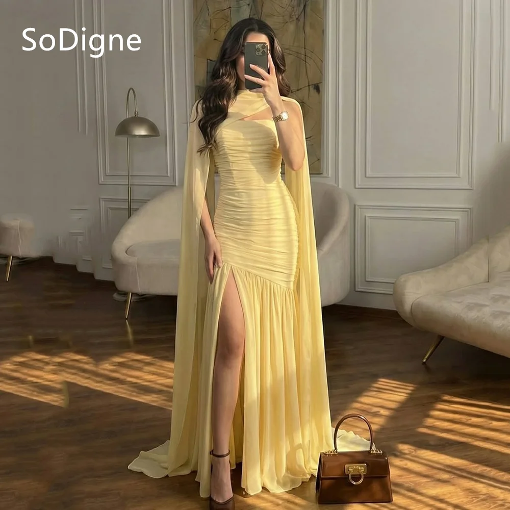 

SoDigne Chic Yellow Chiffon Prom Dresses Strapless Pleats Sleeveless Party Dress Mermaid Side Slit Prom Gowns Customized