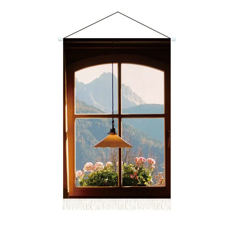 Fake Window Mountain View Tapestry Wall Hanging Nature Scenery Floral Landscape Art Tapestry for Bedroom Dorm Home Wall Decor