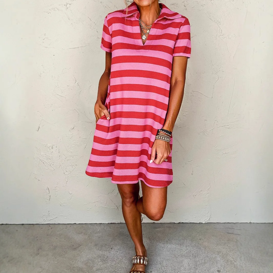 

Turn Down Collar Dress Women Striped Dresses Spliced Knee Length Short Sleeve Summer Casual Loose Fit A Line Slight Strech