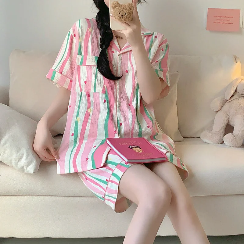 New Ladies Dopamine Striped Pyjamas Women Summer New Short-Sleeved Set of Thin Cloud Cotton Summer Ladies Homewear Pajamas Set