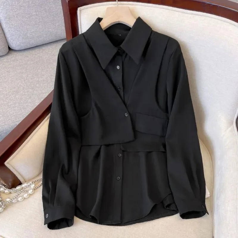 Fake Two Pieces Shirts Women L-4XL Spliced Simple All-match Creativity Elegant Spring Design Pure Ulzzang Loose Office Ladies