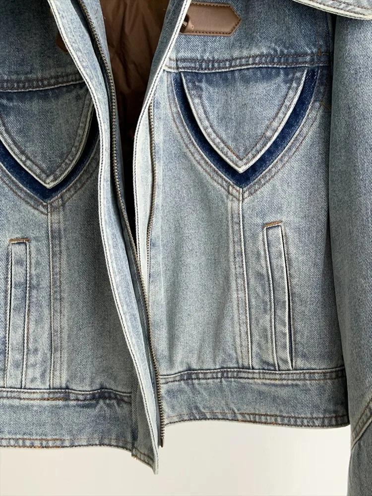 Hiver femmes col de fourrure de vison mode Denim doudoune chaud à manches longues concepteur Streetwear vêtements d'extérieur décontractés femme manteau court