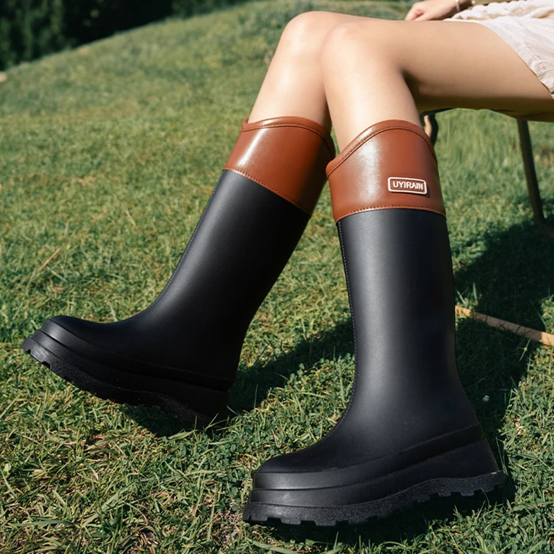 

Women's Retro Round-toe Non-slip Rain Boots Outdoor Travel Thickened Long-tube Water Shoes Four-season Camping Travel Water Boot