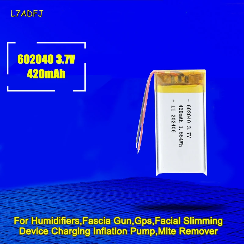 602040 Lipo Batteries 420mAh 3.7V Polymer Lithium Battery Rechargeable GPS Facial Slimming Device Inflation Pump Mite Remover