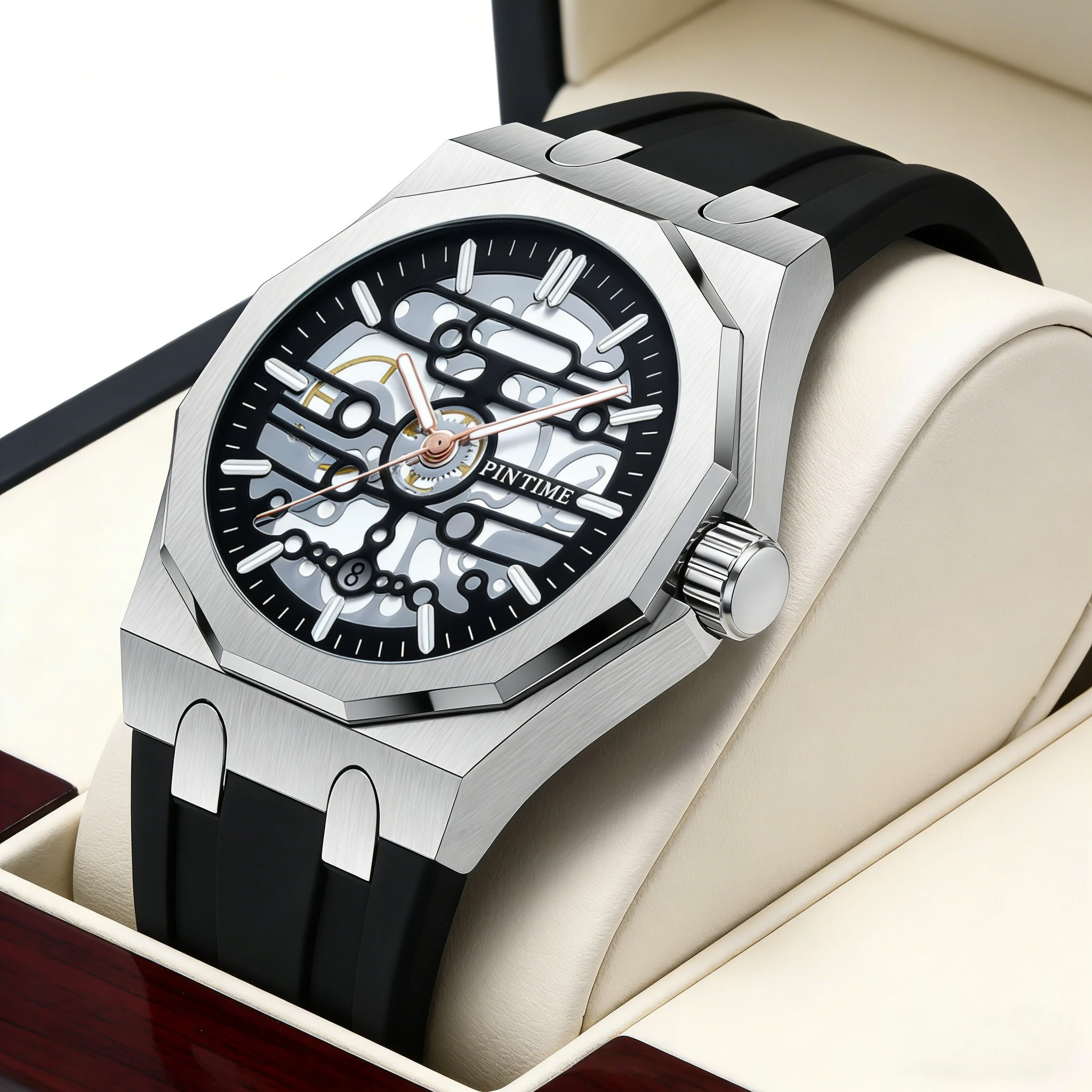 

Men's quartz watch, crafted with a quartz movement, 12-sided case with a hollowed-out surface and silicone strap, large dial cal