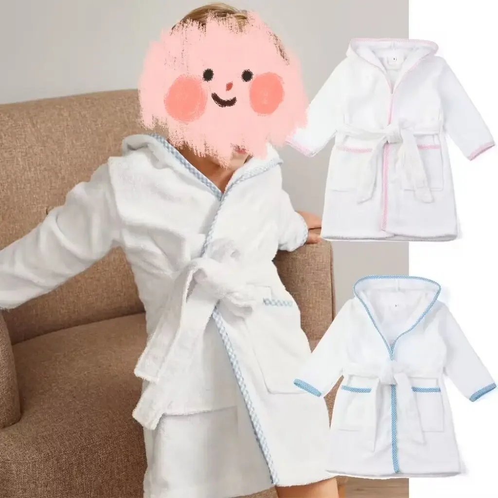 Ruffkids-Albornoz de algodón 100% para niños y niñas, ropa de dormir con cinturón, pijama blanco de manga larga con capucha, toallas de baño