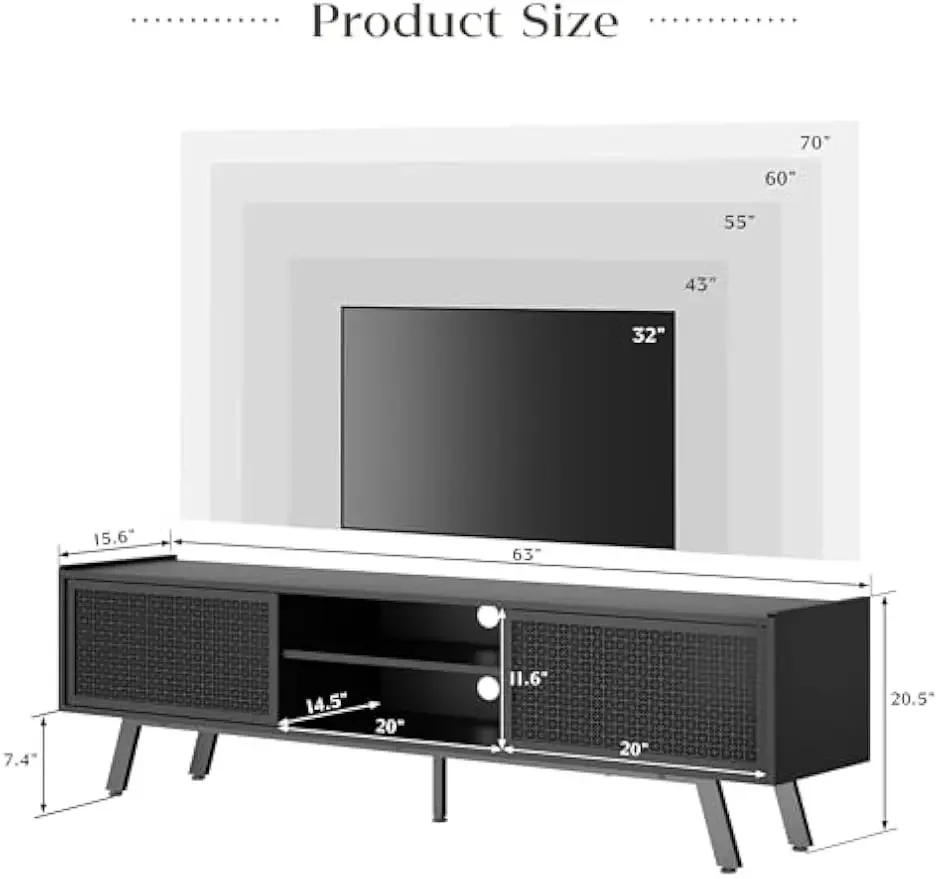 Black TV Stand for 65 70 Inch TV, Modern Iron Rattan TV Console with Sliding Door, Entertainment Center with Storage