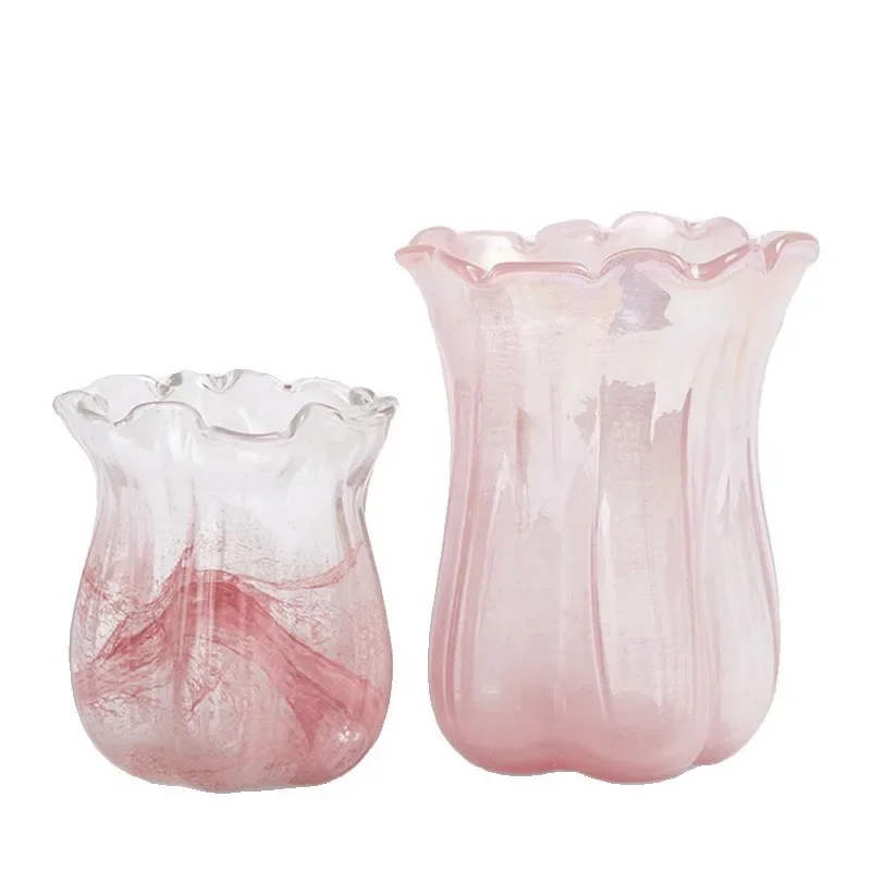 Simple pink glass vase ornament light luxury high-end living room flower arrangement decoration flower device