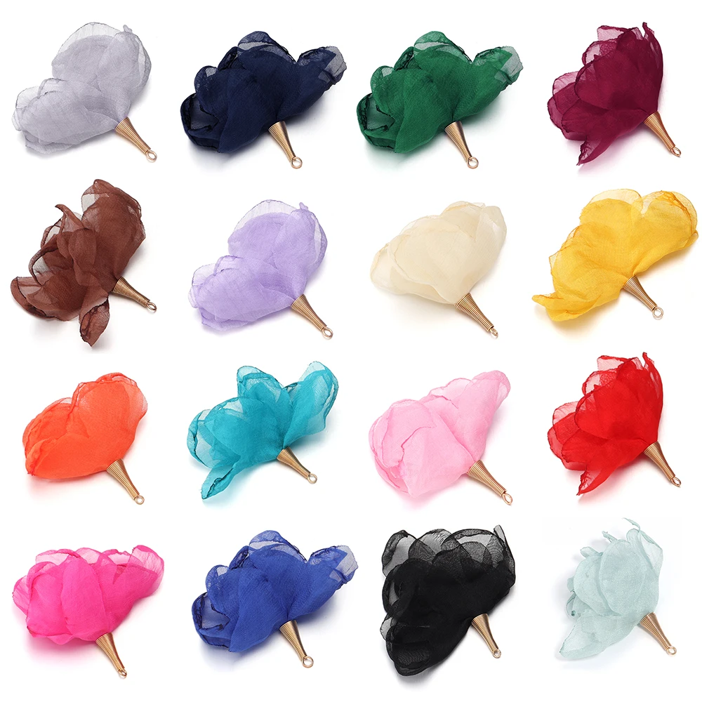 10Pcs/Lot 5cm Colorful Mesh Chiffon Flower Earrings Pendant For Ornament Making DIY Crafts Material Handmade Charm Accessories