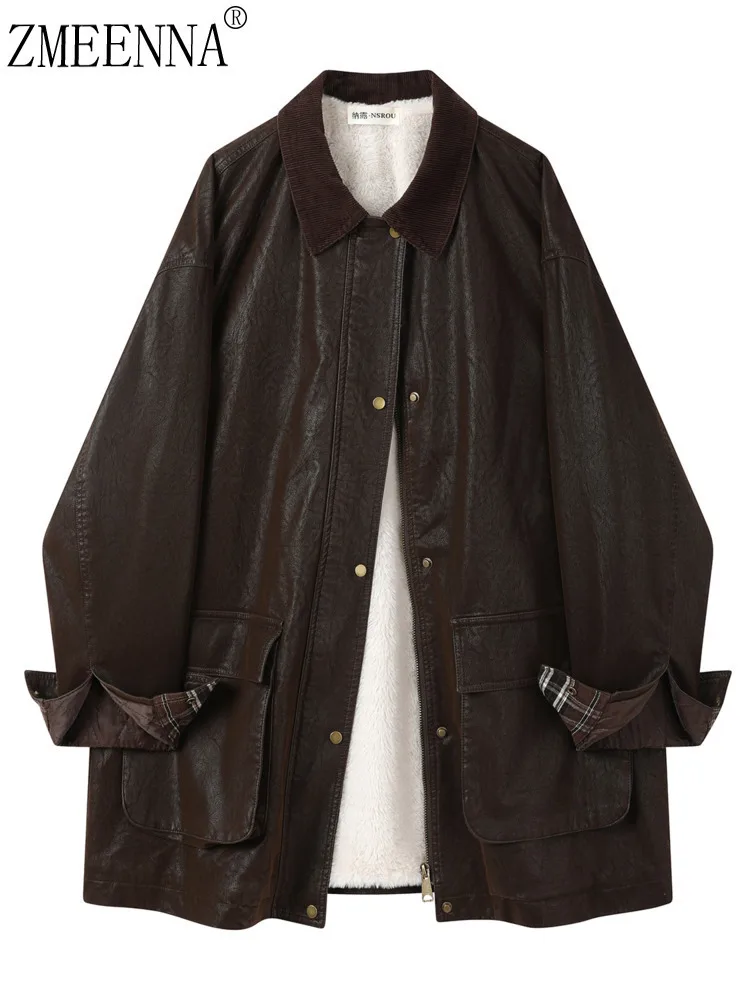 سترة نسائية من الجلد الصناعي من ZMEENNA بياقة سروال قصير مبطن وأكمام طويلة ملابس خارجية منقوشة باللون البني ZM4496 #1