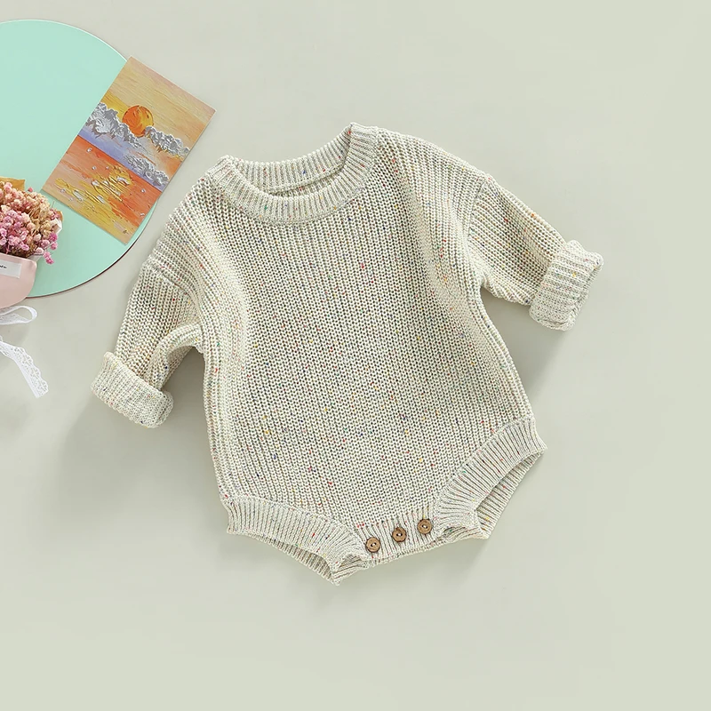 Newest Newborn Baby Knitted Long Sleeve Autumn Winter Sweater Romper, O-Neck Solid Color Speckled Crotch Button Bodysuit, 0-24M