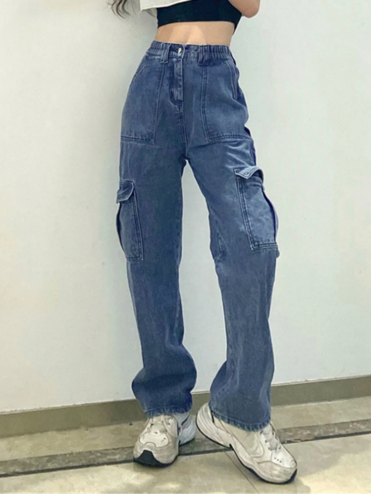 بنطلون جينز نسائي بخصر عالٍ وساق مستقيمة، ملابس عمل كاجوال بتصميم بسيط وأسلوب الشارع، مصنوع من مواد أخرى 00%، صيف 2023