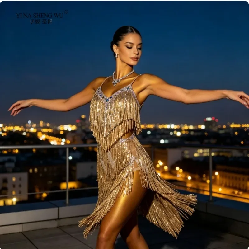 Professional Latin Dance Performance Dress Advanced Edition Competition Special Glitter Table Performance Tassels Dress