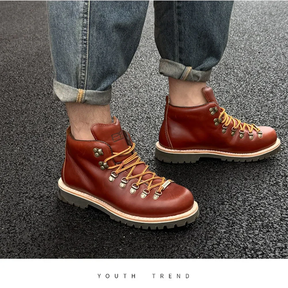 pf Fashion Men's Genuine Leather Motorcycle Boots Work Shoes Outdoor Goodyear-weld Women Mid-calf Western Cowboy Boots Non-slip