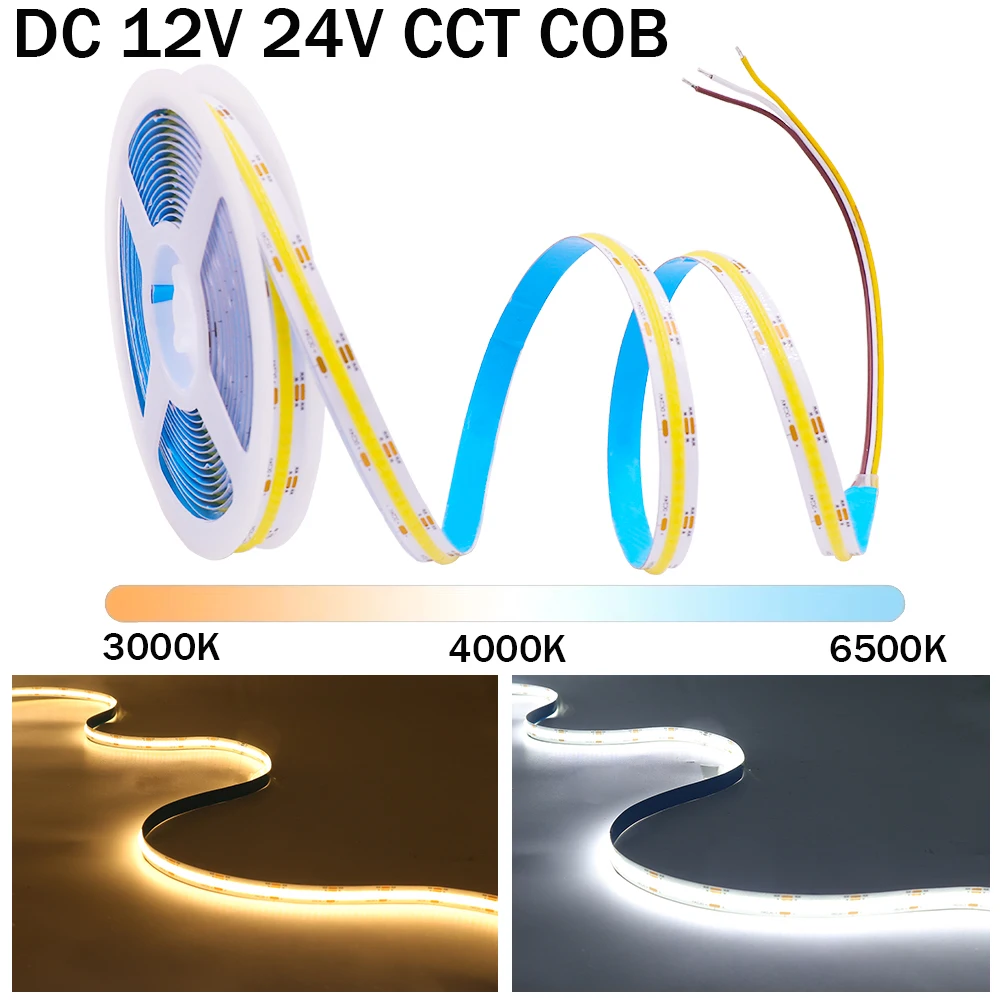 CCT COB LED Strip Lights High Density 512LEDs/M Flexible Dimmable FOB Led Tape 3000K to 6500K Changeable LED Lighting DC12V 24V