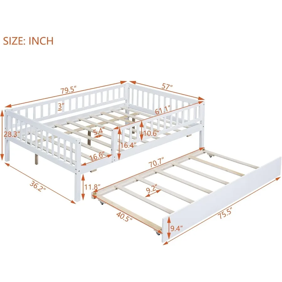 Full Size Daybed with Trundle Wood Full Platform Bed Frame with Rails No Box Spring Needed Easy Assembly for Bedroom or Guest R