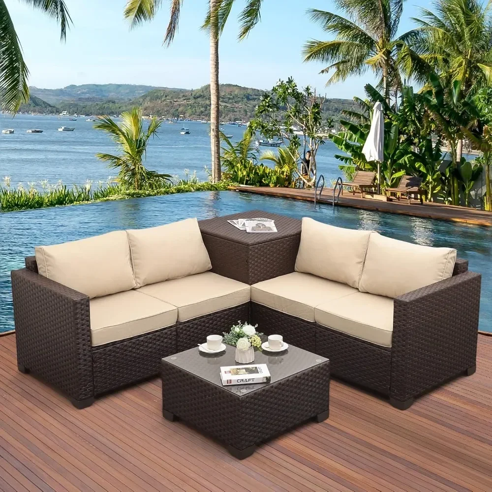 

Patio PE Wicker Furniture Set 4 Pieces Outdoor Brown Rattan Sectional Conversation Sofa Chair