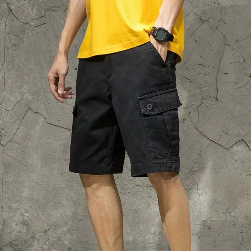 Men Cargo Shorts Joggers Shorts Work Casual Pants Male Multi Pockets Buttons Loose Wide Leg Knee Length Summer Shorts