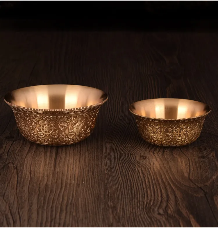 

Buddha Supplies Exquisite Carved Pure Copper Antique Color Eight Auspicious Water Cup Holy Grail Seven Offering Tibetan Bowl