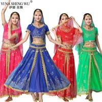 Conjunto de trajes de danza del vientre de la India para mujer, traje de Sari, Bollywood, Egipto, actuación en escenario, gasa, falda superior de lentejuelas, nuevo