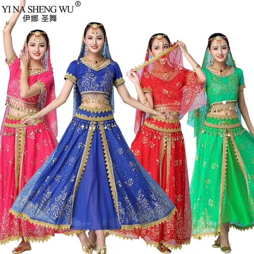 Conjunto de trajes de danza del vientre de la India para mujer, traje de Sari, Bollywood, Egipto, actuación en escenario, gasa, falda superior de lentejuelas, nuevo