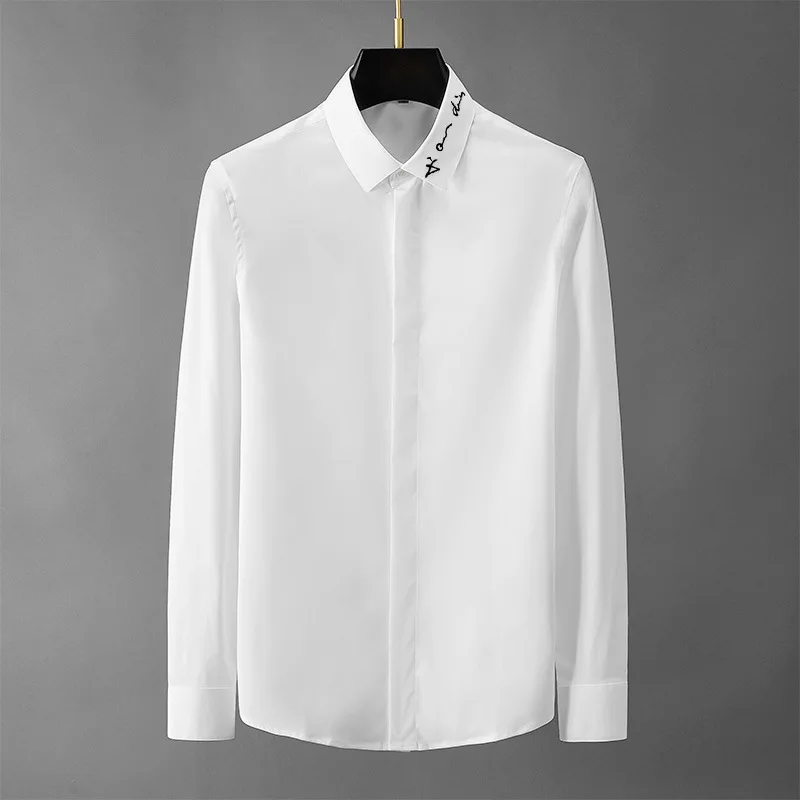 Brand Embroidered Shirt for Men Slim Fit Long Sleeve Business Formal Shirt Male Casual Social Party Tuxedo Blouse White Shirts