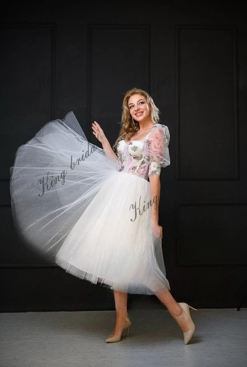 Elopement Teelange Brautkleider für den Empfang, kurzes Korsett-Hochzeitskleid mit Glockenärmeln, Midikleid, schlichtes kurzes Hochzeitskleid