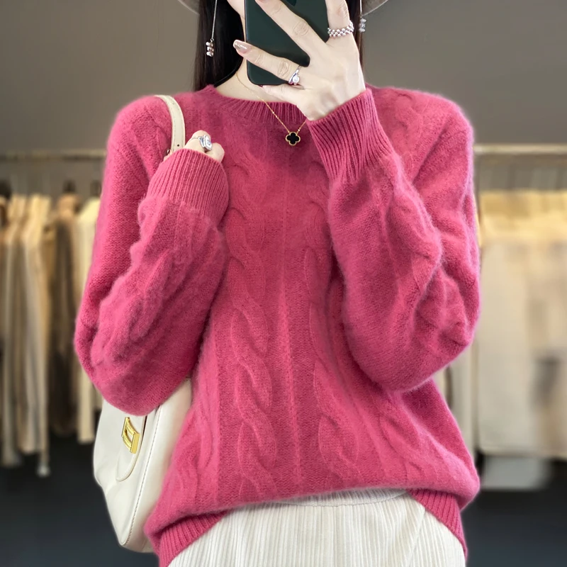 2024 Autumn/Winter New 100% Pure Wool Pullover Shirt Women's Knitted Loose Large Size Sweater Solid Color Fashion Top