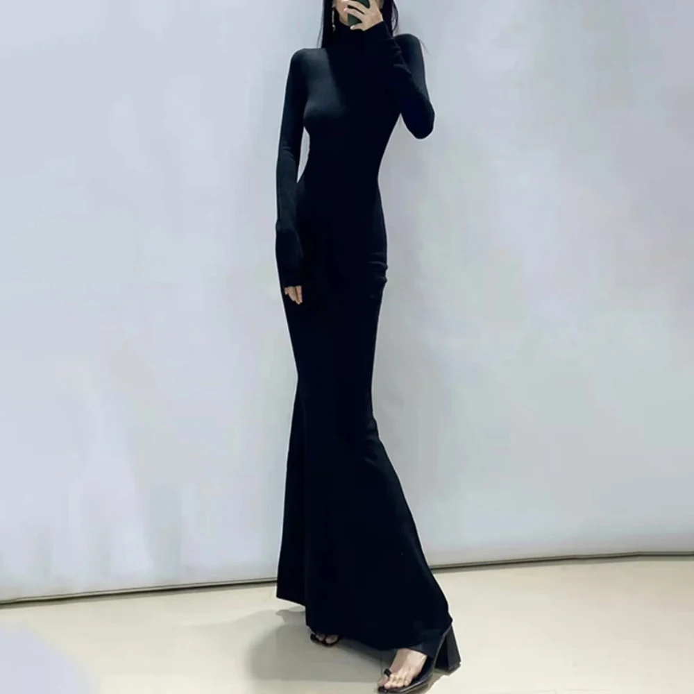 TWOTWINSTYLE Colorblock Slimming Fashion Dresses for Women High Neck Long Neck Patchwork Stripe Dress Female Clothing Style New