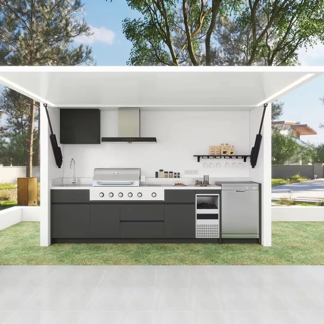 Gas Grill with Shed, Customisable, Outdoor Pergola Modern Outdoor Furniture Cottage with Stainless Steel Kitchen Cabinets