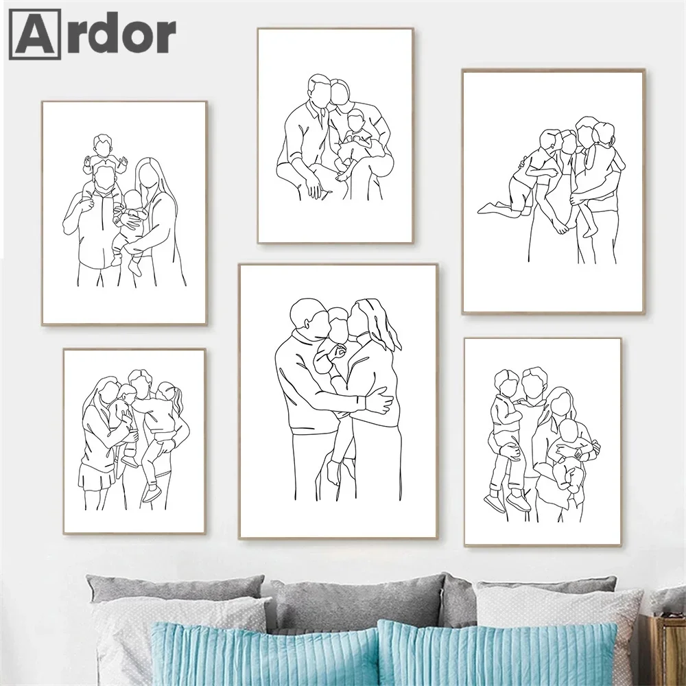 Abstract Line Family Love Wall Art Poster Mum Dad Kid Kissing Hold Hands Canvas Painting Mural Living Room Decor Prints Pictures