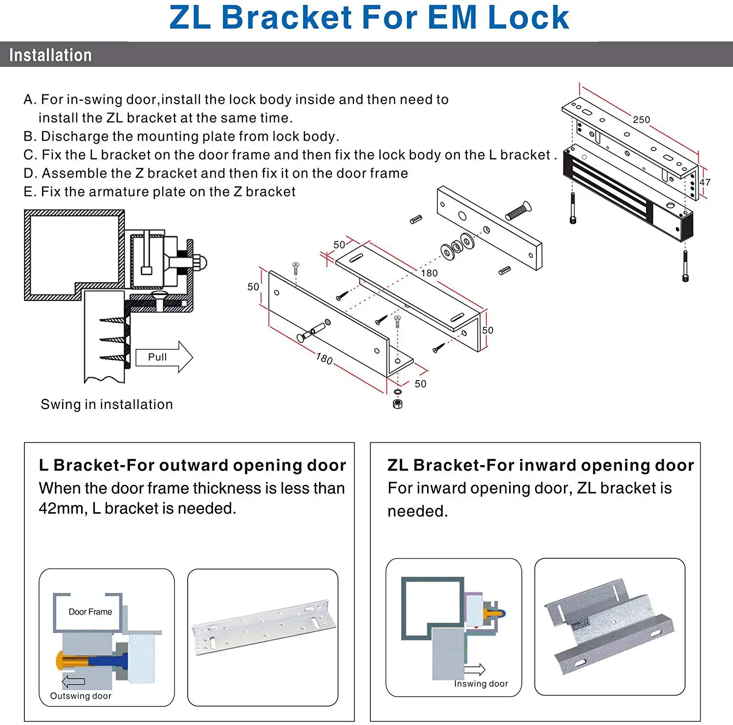 ZL Bracket Support For 180kg 280kg 350kg 500kg Electric Magnetic Door Lock Z L Holder Electromagnetic Lock Bracket