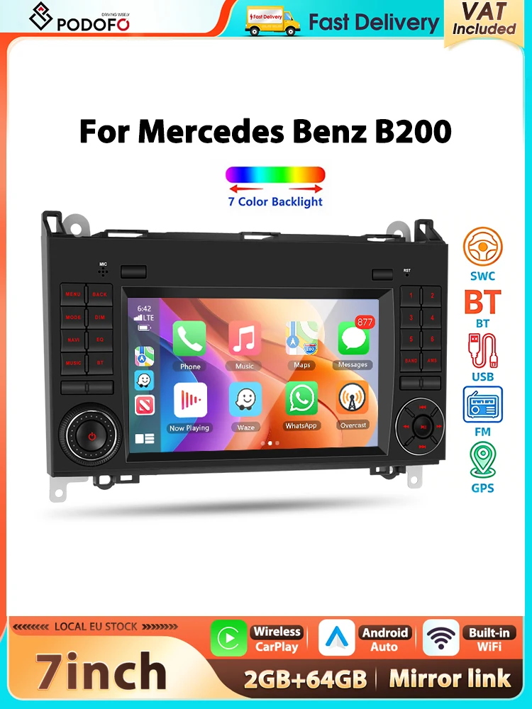 Podofo 2+64G 7'' Autoradio für Mercedes Benz B200 2008-2011 Multimedia-Player Carplay Android Auto WIFI Bluetooth GPS Auto-Audio