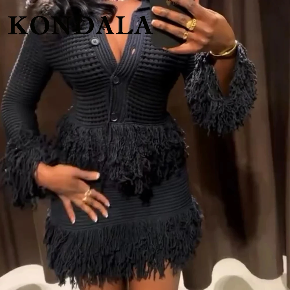 

KONDALA шикарная уличная одежда с кисточками, женский костюм, сексуальная трикотажная одежда + мини-юбка с высокой талией, мода 2025 года, весенние комплекты для ночной вечеринки