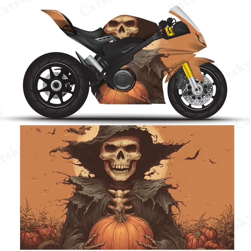 

A skeleton holding a pumpkin PVC material self-adhesive waterproof motorcycle car sticker, paste firm and anti-wear, waterproof