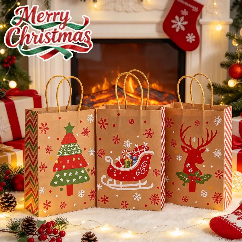 12-24PCS Christmas Kraft Paper Gift Bags Snowflake Reindeer Shopping Bags with Handles for Holiday Presents and Gift Packaging