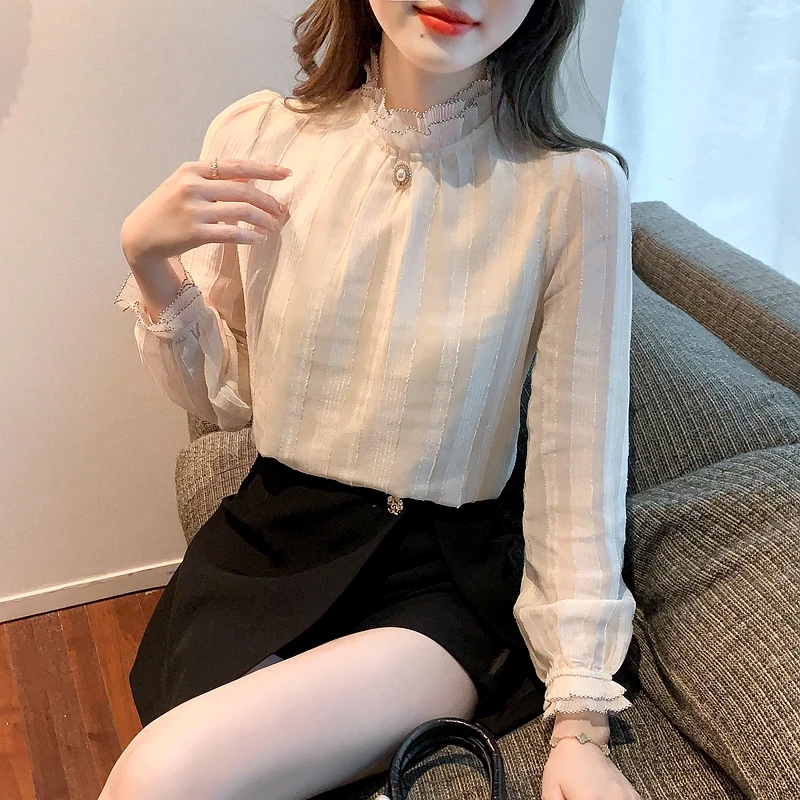 Long Sleeve Blouse Women Blusas Mujer De Moda 2024 Apricot Chiffon Blouse Shirt Tops Women Blouses Camisas Blusa Feminina F515