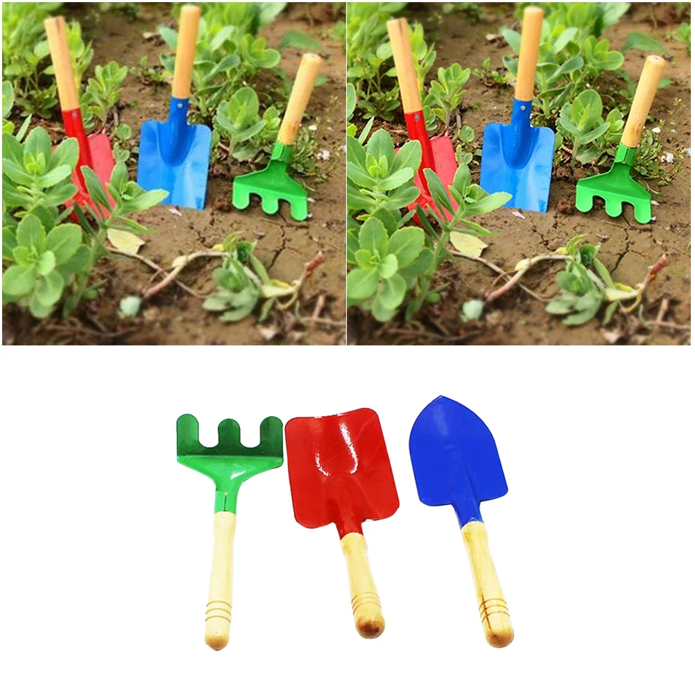 Mini outils de jardin sûrs pour enfants, jeu avec sable, bambou, bois coloré pour filles, 3 pièces