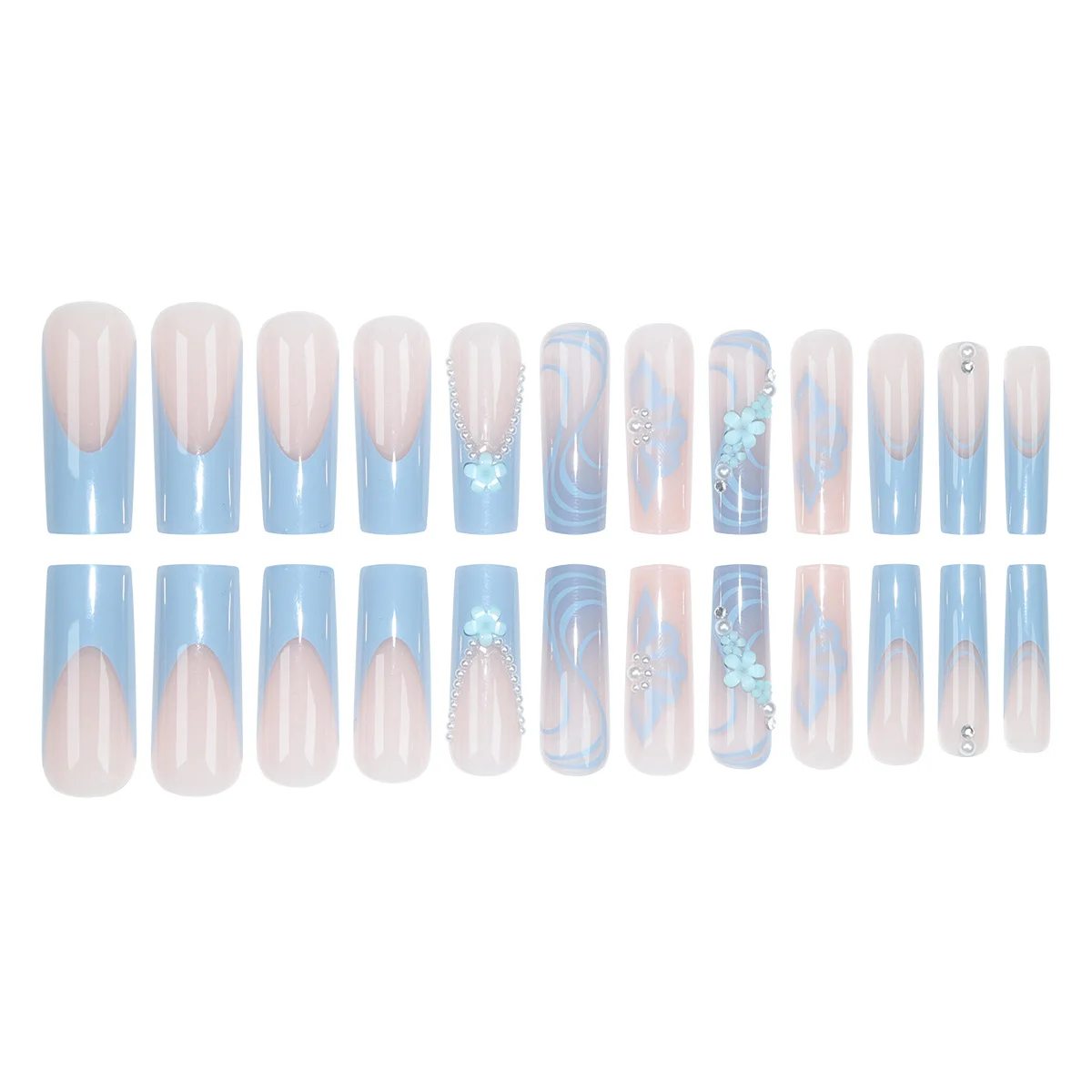 24 Piece Long Coffin Blue French&flower Pattern Fake Nails ABS Full Cover Glossy Fake Nails Summer Collection