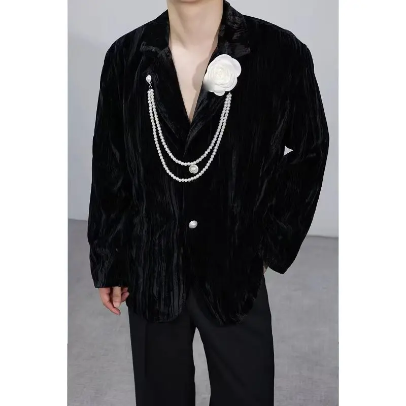 

Мужской бархатный пиджак Ele Bla: модный городской стиль, цветочная вышивка, 3D-структура, повседневный, однобортный, осень-зима