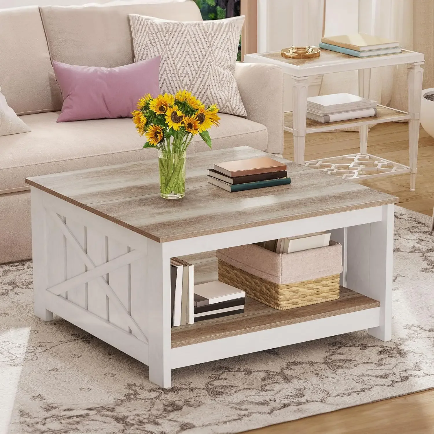 

Square Coffee Table for Living Room, Farmhouse Coffee Table with Storage, 2-Tier Wood Coffee Tables Center Table , Grey Wash