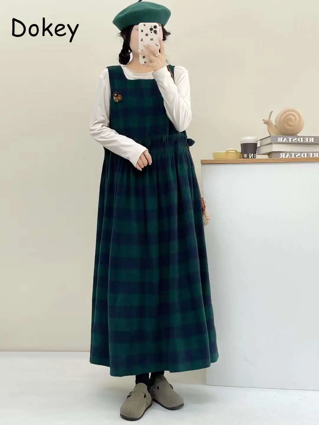 Japanese Mori Girl Green Plaid Vest Dress Women Vintage O-neck Sleeveless Loose Cotton Pullover Tank Dress Female Casual Vestido