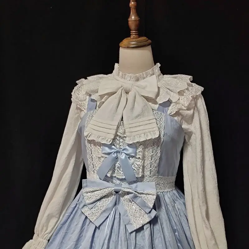 

Onalippa 2025 Lolita Inner Long Sleeved Spring Autumn Winter Half High Collar Bow Ruffle Cute Versatile Jacquard Cotton Shirt