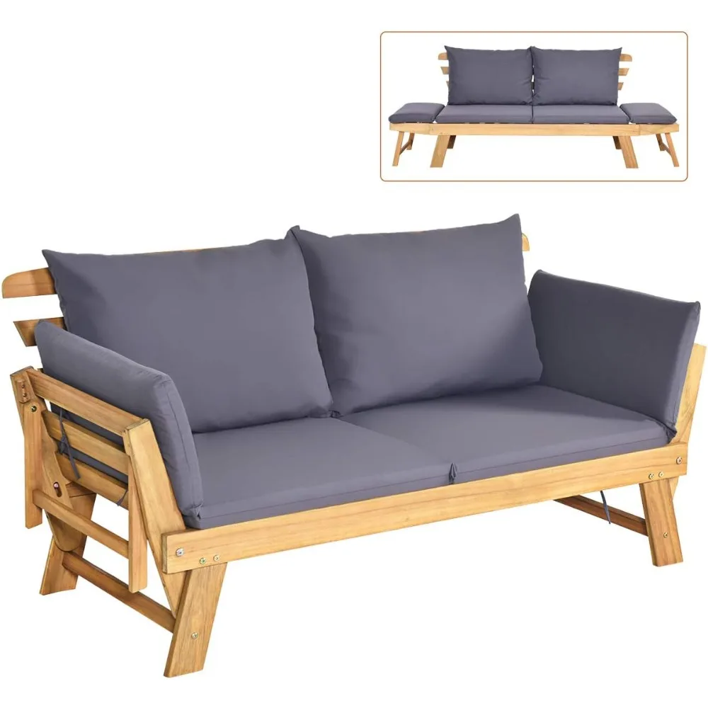 

Acacia Wood Patio Convertible Couch Sofa Bed with Adjustable Armrest, Outdoor Daybed with Cushion & Pillow, Folding