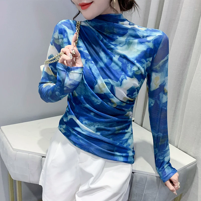 

Faionable Printed Me T-irt Women's Long Sve 2024 New European Sle Top f High Collar Base irt Women Spring Autumn