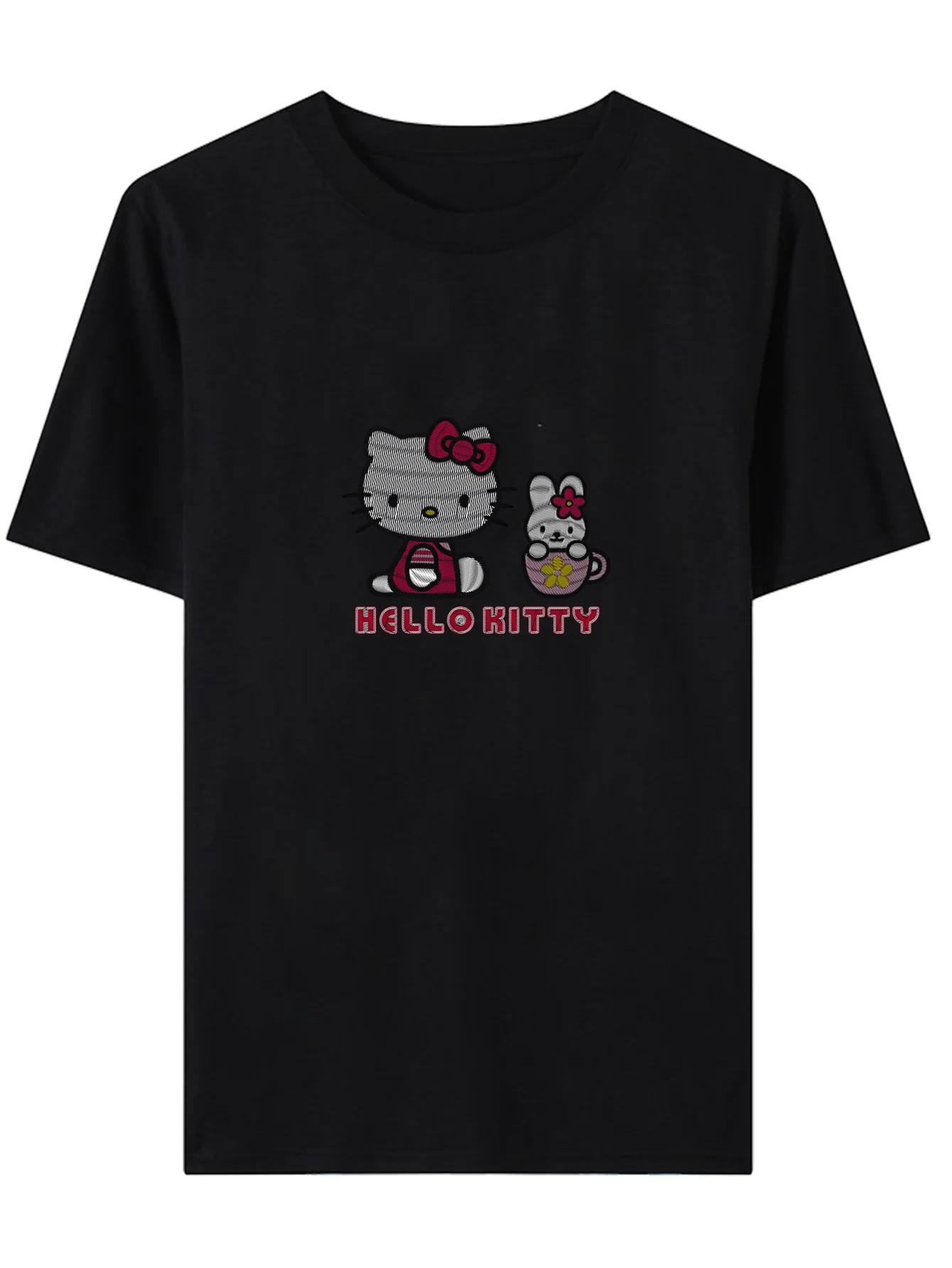 

1PC Women's "Hello Kitty and Cute Teacup Rabbit" Black Casual Round Neck Short Sleeve Imitation Embroidered Printed T-shirt