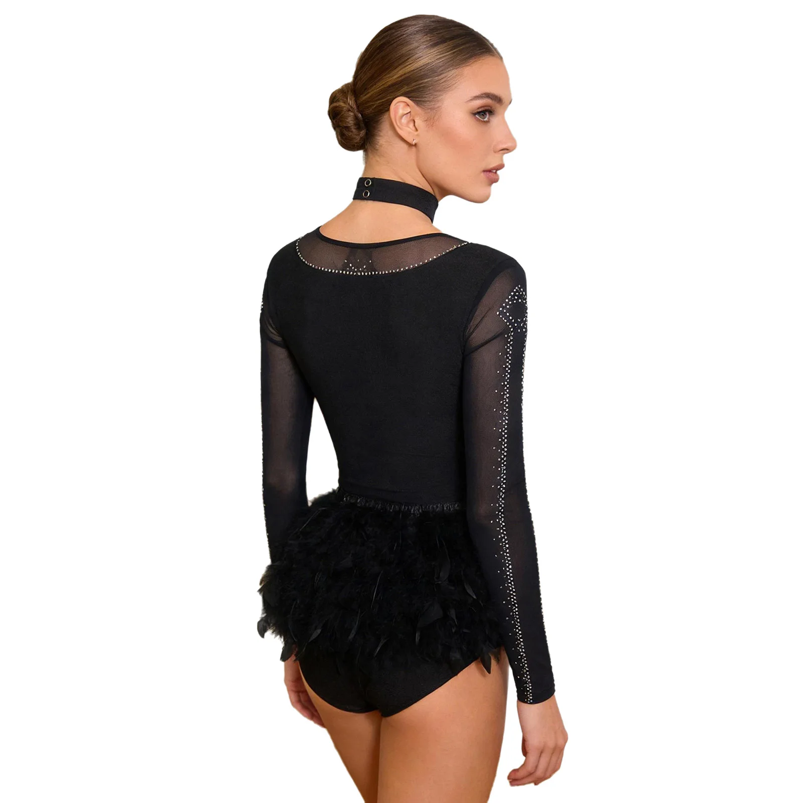 

Women Faux Feather Latin Ballet Gymnastics Bodysuits Shirts Mesh Long Sleeve Buttons Crotch Leotards Rhinestones Tango Dancewear