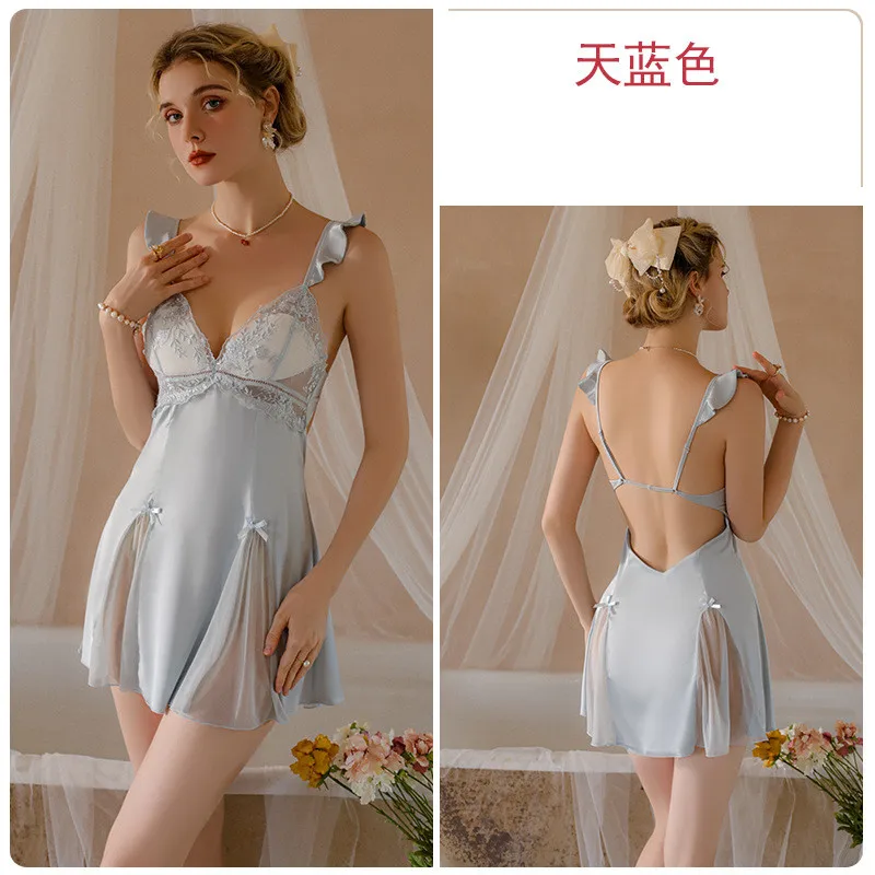 Sexy Suspender Nightdress Women Embroidery Lace Applique Nightgown Lingerie Sleepwear Gown Summer Silky Satin Home Wear Clothing image 6