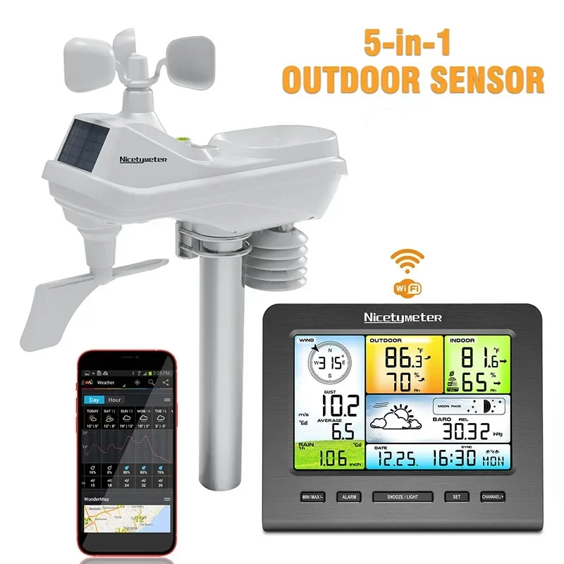 

5-in-1 Indoor Outdoor Wireless Weather Station LED Color Console Forecast Temperature Humidity Wind Speed Rain Gauge Alarm Clock